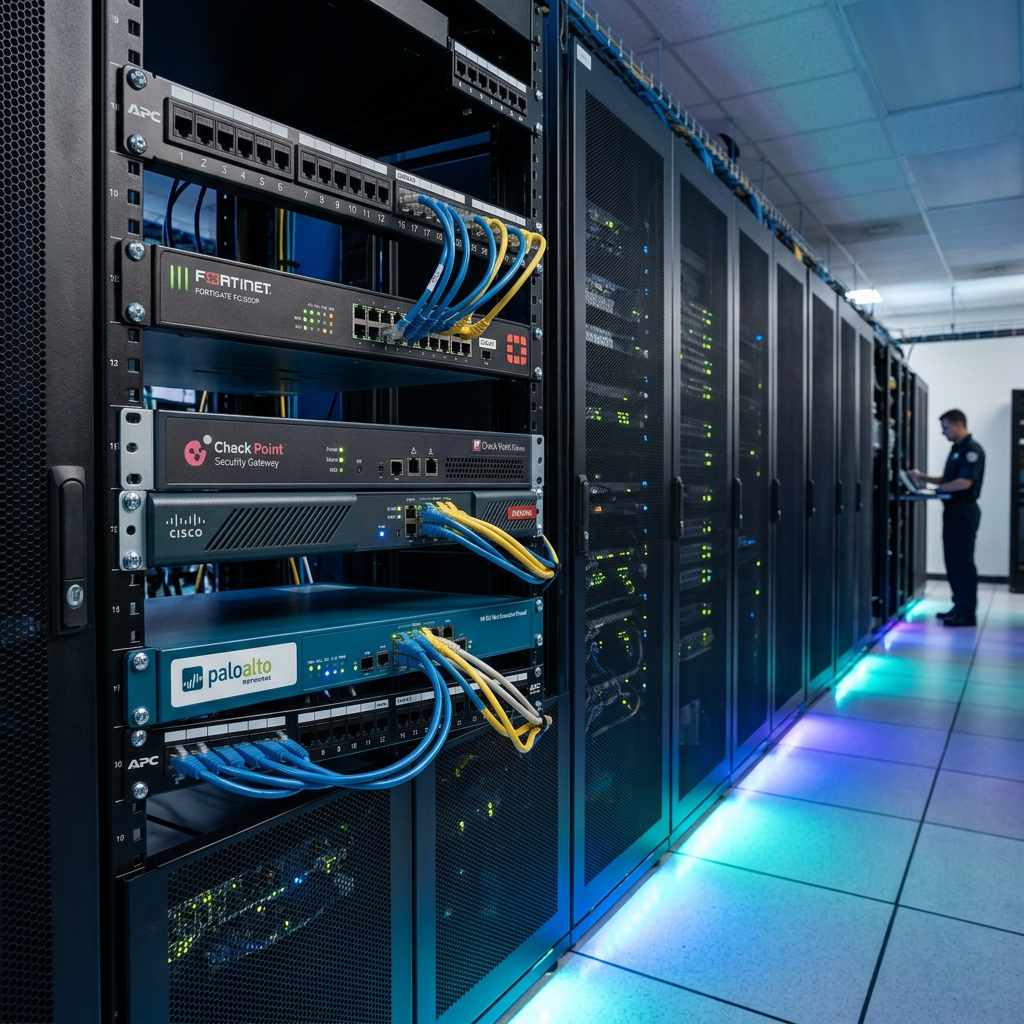 Server racks with Fortinet, Check Point, Cisco, and Palo Alto network devices and cables with a technician working in the background