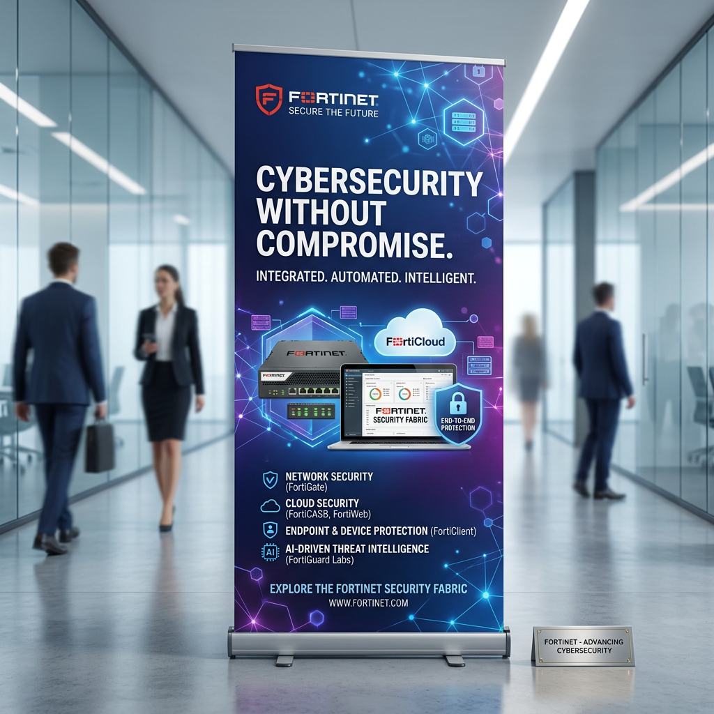 Fortinet cybersecurity banner listing network security, cloud security, endpoint protection, and AI-driven threat intelligence